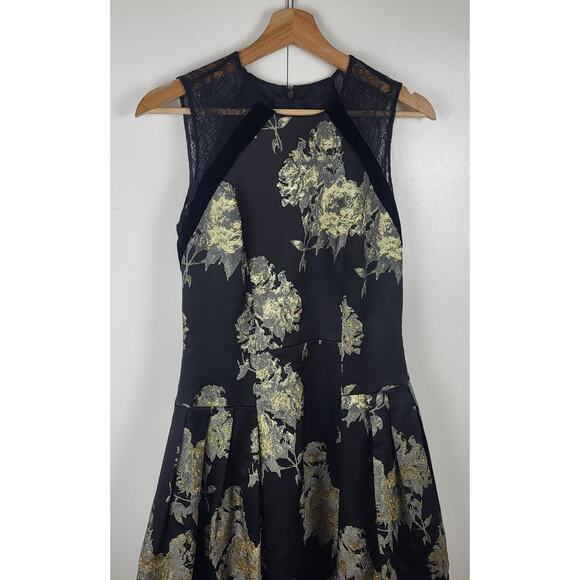 Silk Trim Metallic Floral Midi Fit and Flare Pleated Carmen Marc Valvo Dress | 4 - Picture 3 of 9